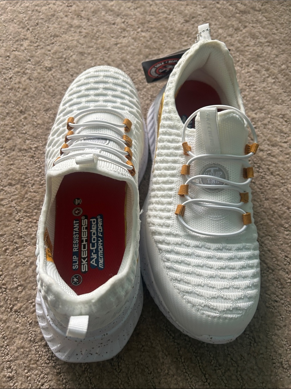 Skechers White Knit Slip-On Sneakers with Gold Accent Loops - Picture 6 of 13